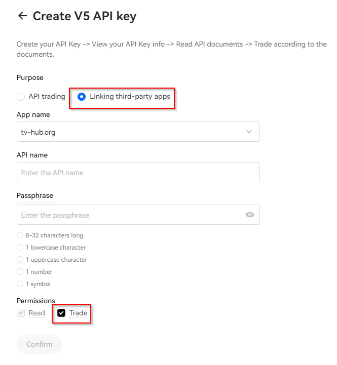 OKX API Key Creation Form